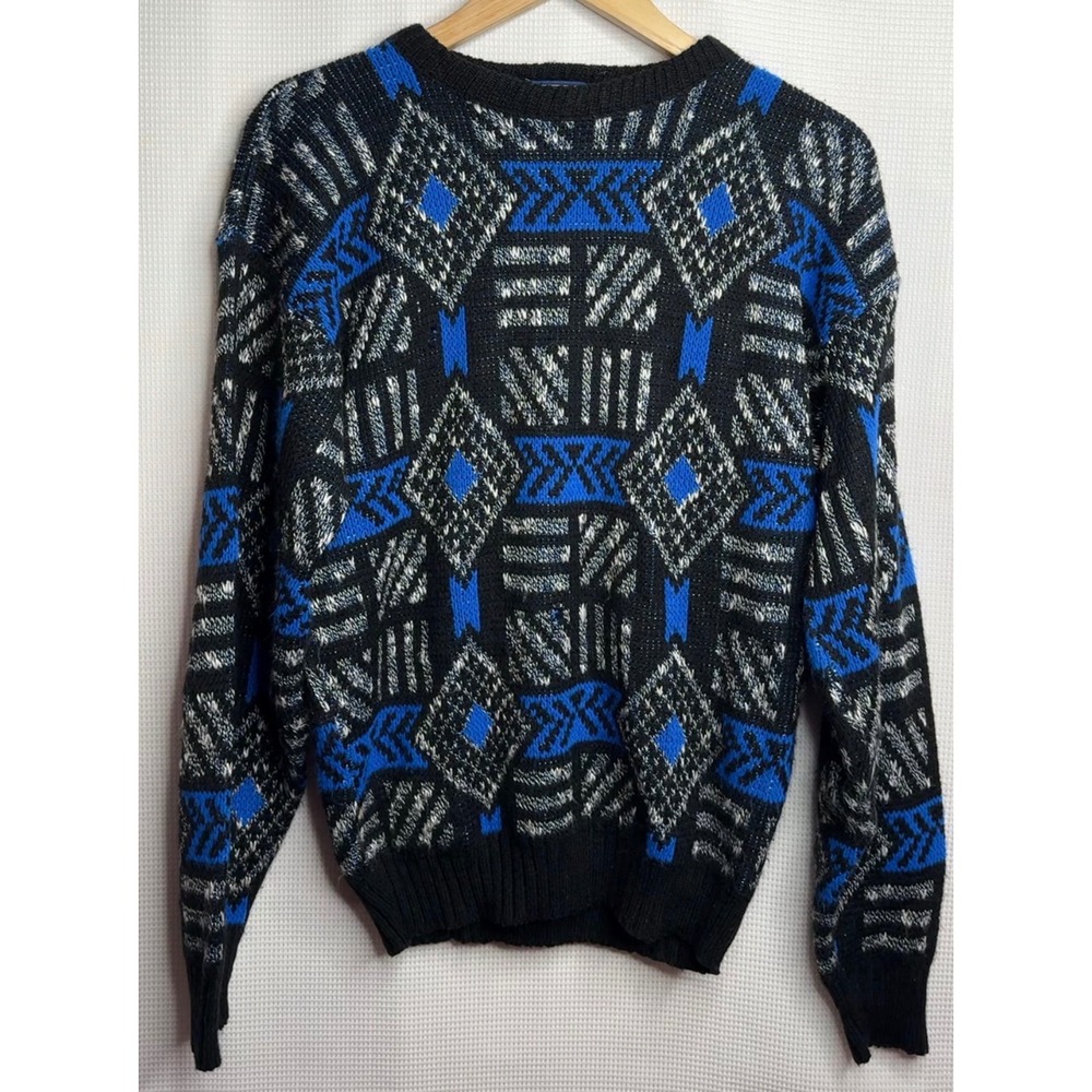 Vintage St. Albans Mens Geometric Abstract Knit Sweater Blue Black USA Made M
